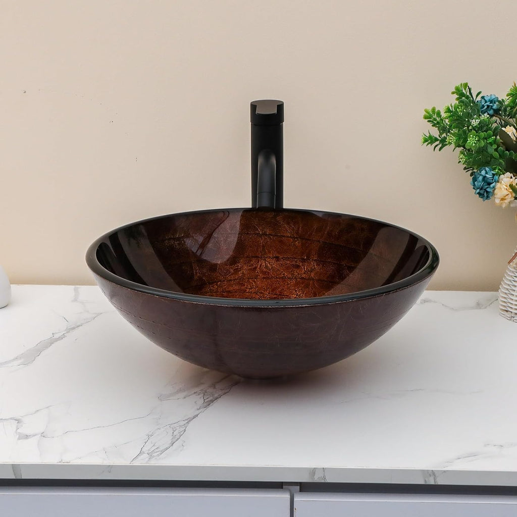Artistic Vessel Sink Bathroom Vessel Sink Round Brown Tempered Glass Vanity Round Bowl With Pop-up Drain 16-1/2