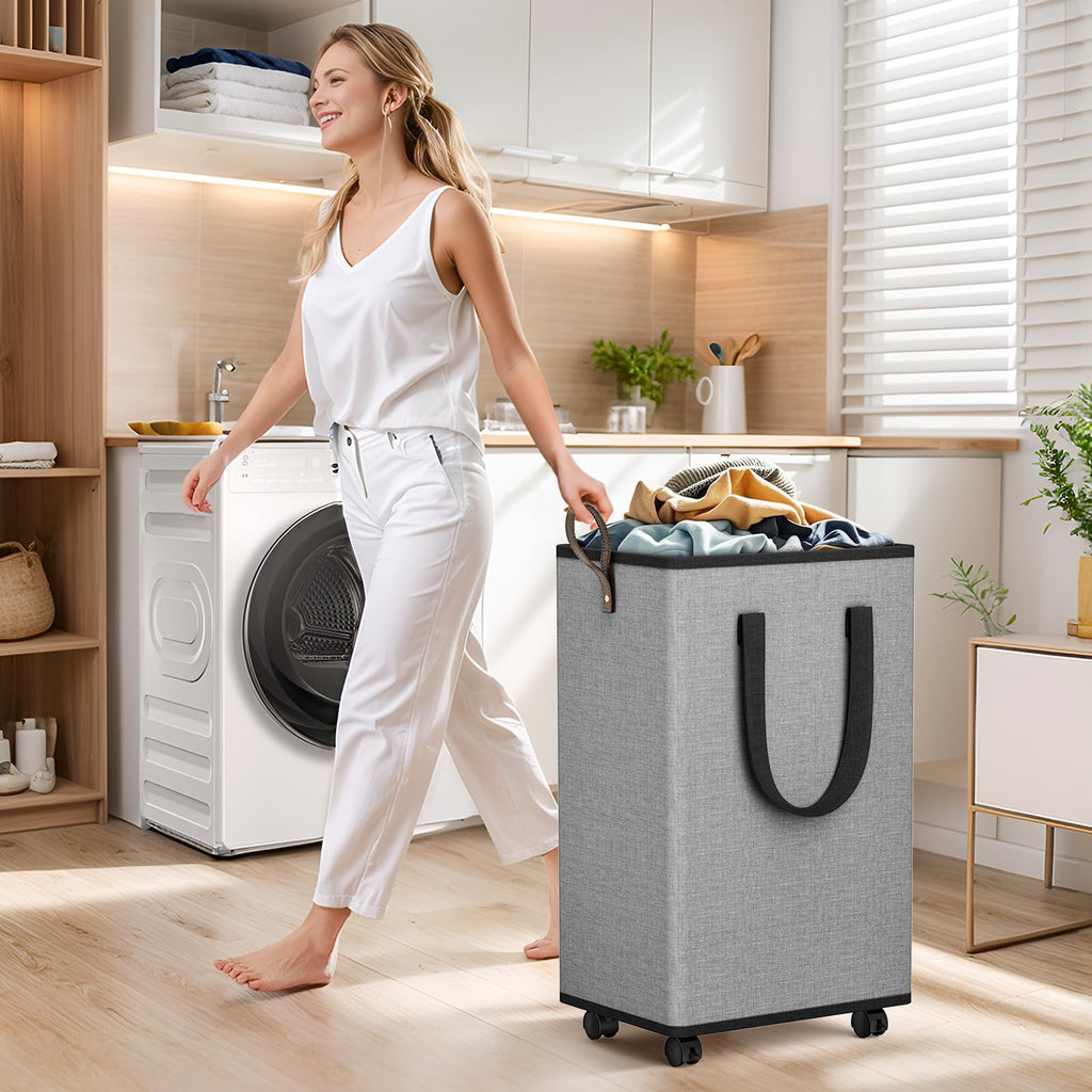 Rolling Laundry Basket with Wheels, Laundry Hamper, 100L, Grey