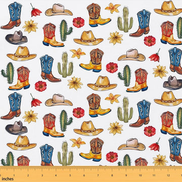 Vintage Cowboy Hats Boots Soft Polyester No Stretch, Tropical Cactus Plants Craft Fabric Southwestern Ideal for