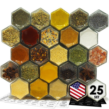 Set of 25 Hexagon Glass Spice Jars with Shaker Lids and Labels for Refrigerator, Kitchen, RV Travel Trailer Magnetic