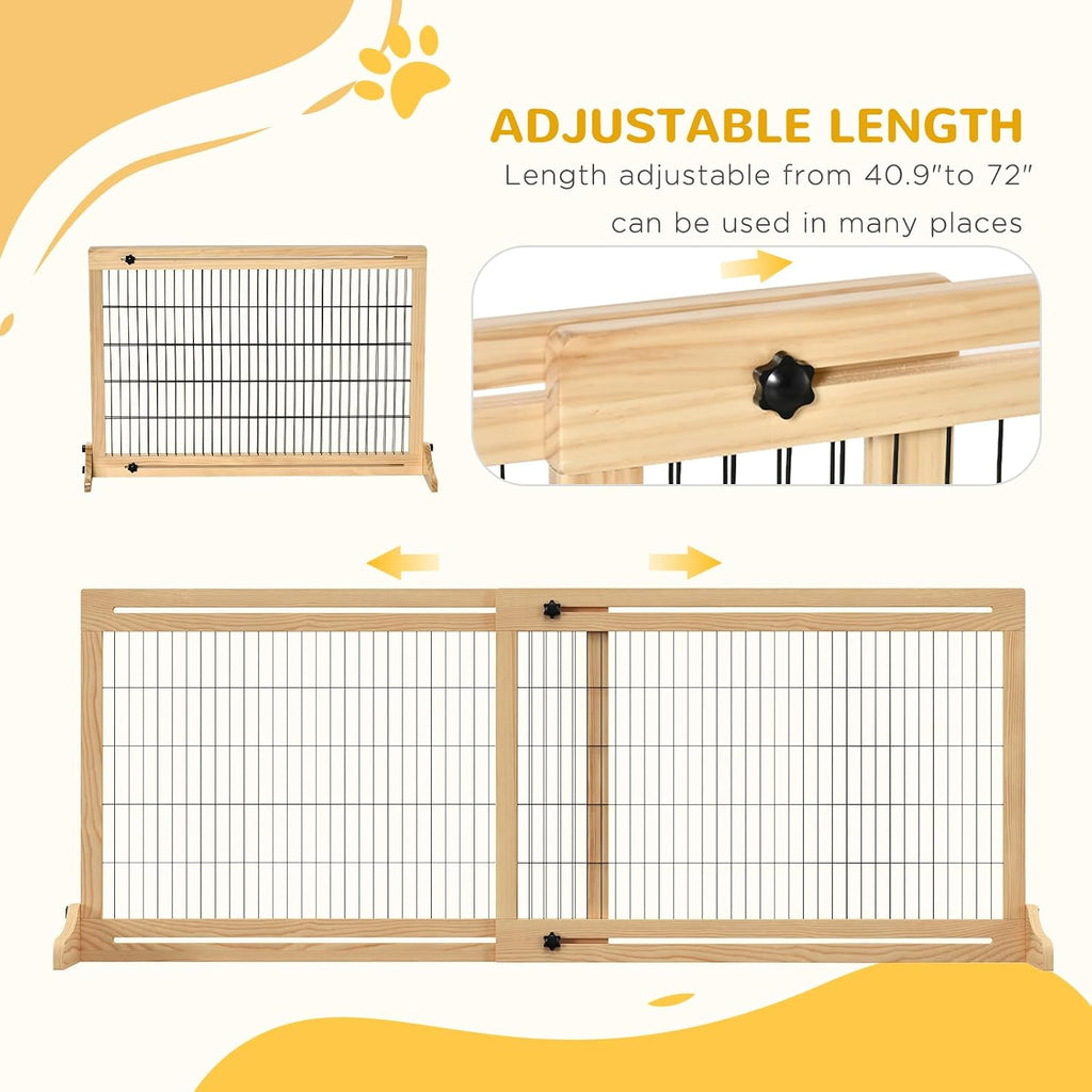 72" W x 27" H Extra Wide Freestanding Pet Gate with Adjustable Length Dog, Cat, Barrier, Doorway, Hallway, Natural