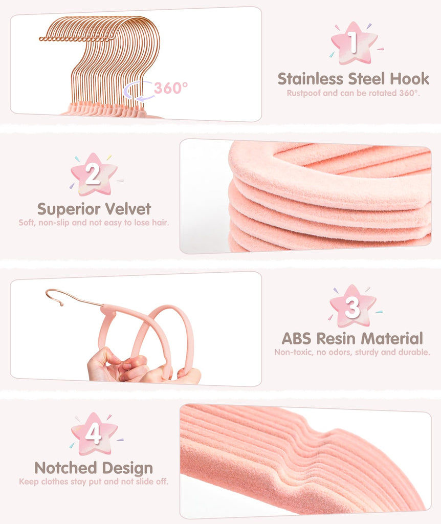 Velvet Baby Hangers with 6 Pcs Size Dividers, 11 Inch, Pink, 30 Pcs