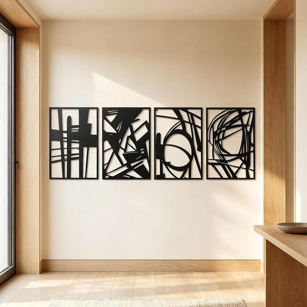 Black Metal Abstract Geometric Hollow Wall Sculpture Decor Set - Set of 4