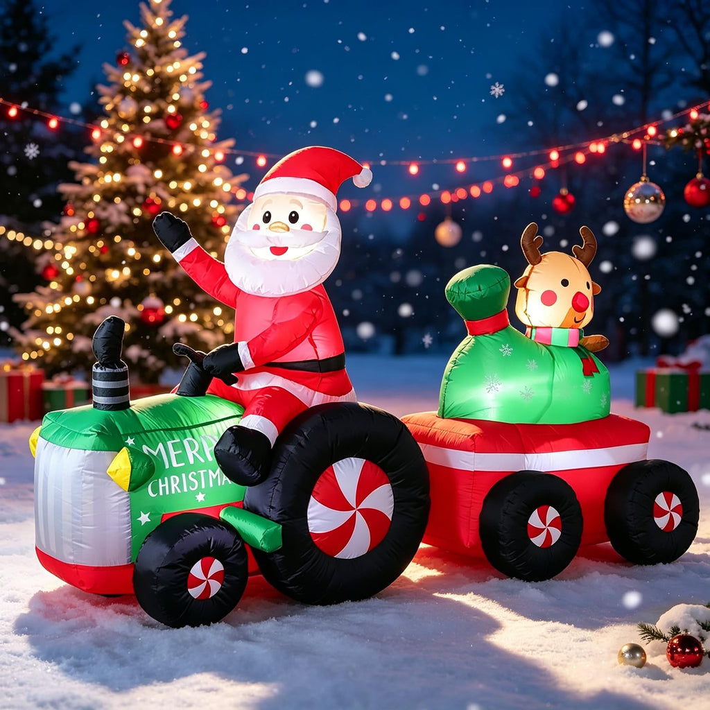 6FT Christmas Inflatables Tractor, Santa Claus Drive Tractor with Reindeer and Gift Bag Blow up Yard Decoration