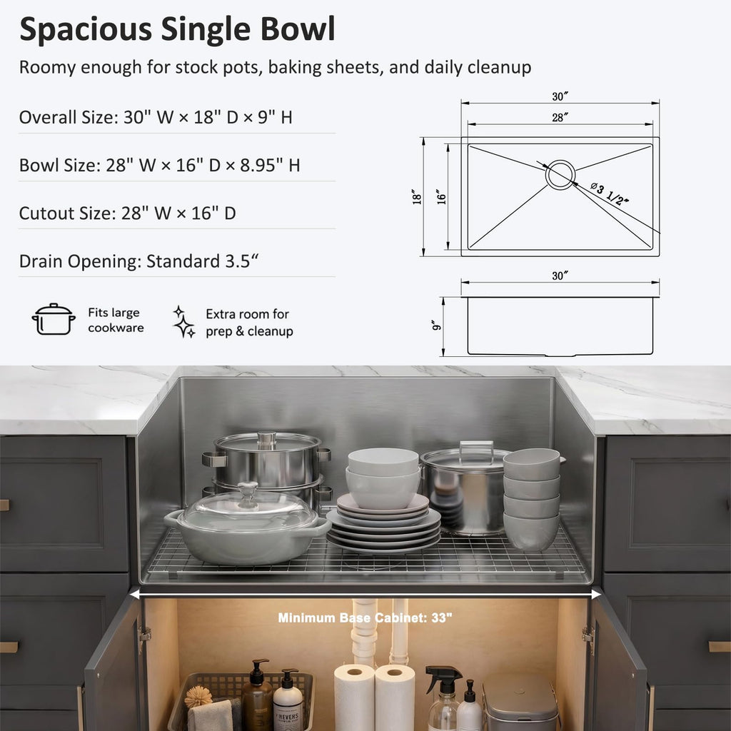 30 Inch Undermount Kitchen Sink, 30x18 Undermount Kitchen Sink, Single Bowl Undermount Sink, 18 Gauge 304 Stainless