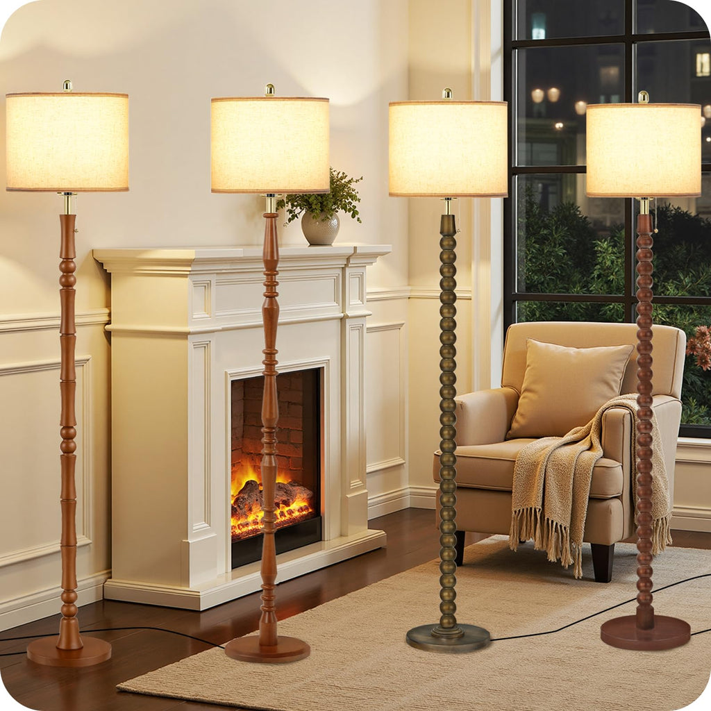 65" Vintage Wood Floor Lamp with Pull Chain, 3CCT, Walnut