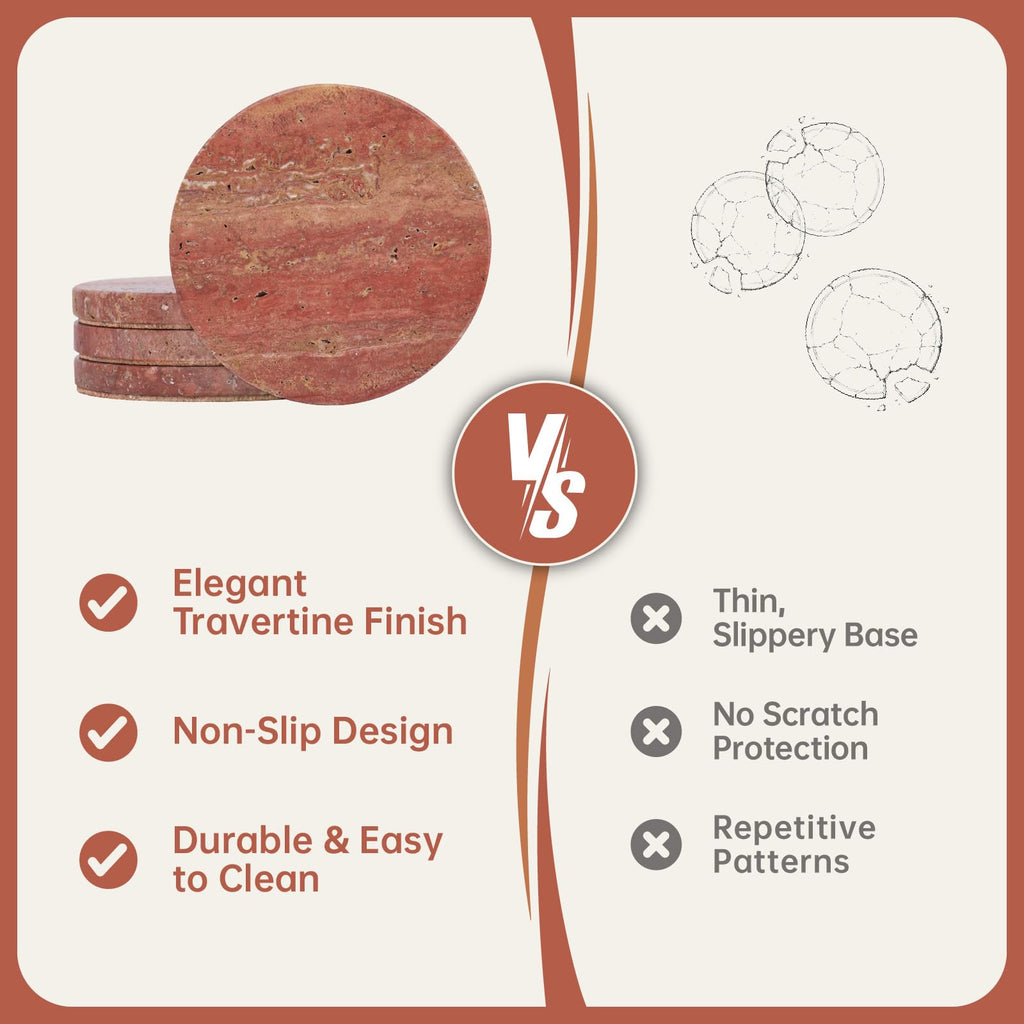 Red Travertine Coasters Set of 4, 10cm Diameter Natural Stone Coasters with Non-Slip Cork Backing, for Coffee Table