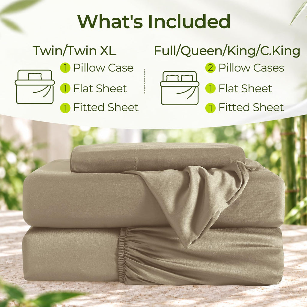 Taupe Silky-Soft Bamboo Sheets 4-Piece, 100% Rayon Made from Bamboo 300TC, Cooling Sheet for Hot Sleepers