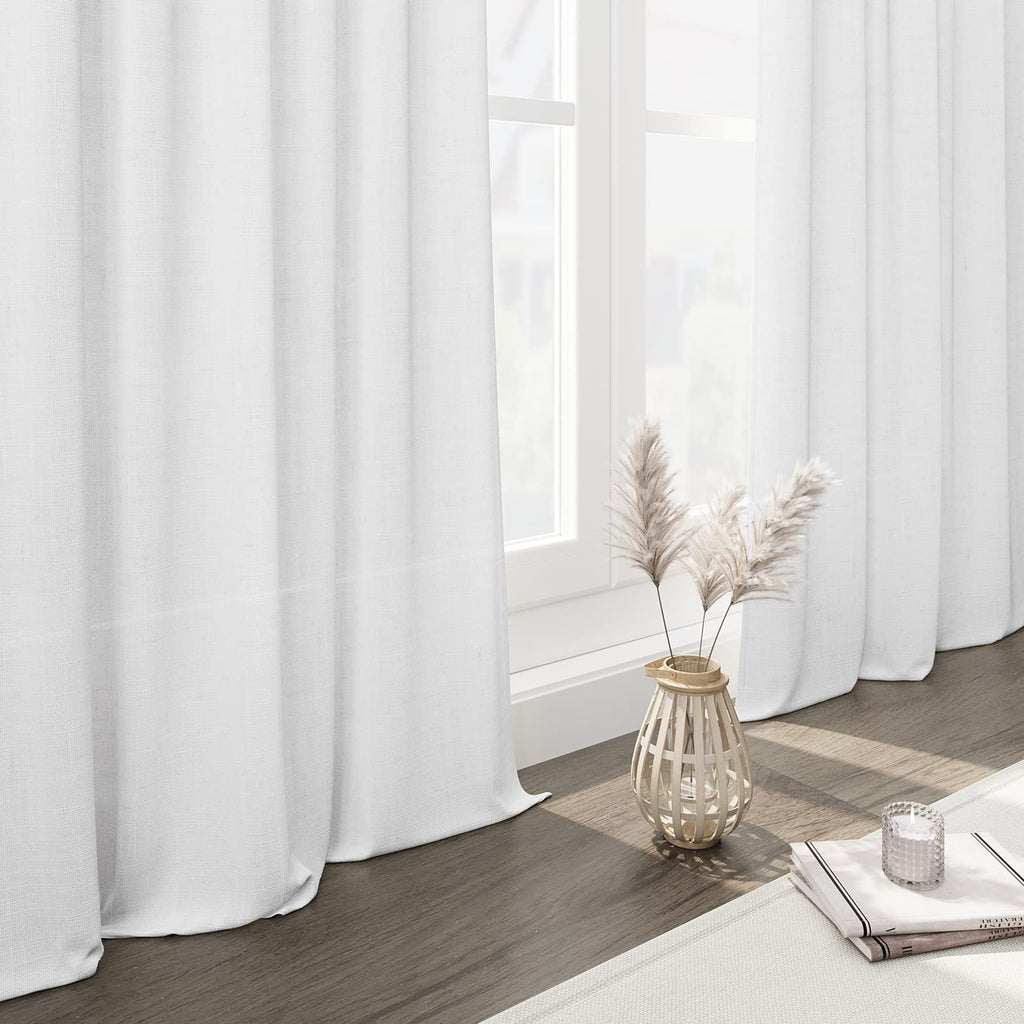 White Linen Blend Light Filtering Curtains 82 Inch Length 2 Panel Set Back Tab Rod Pocket Drapes Privacy Semi Sheer