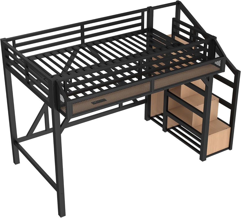 Twin XL Size Loft Bed with Stairs and Wardrobe,Heavy Duty Metal Loft Bed Frame with Shelves,LED Lights and Charging