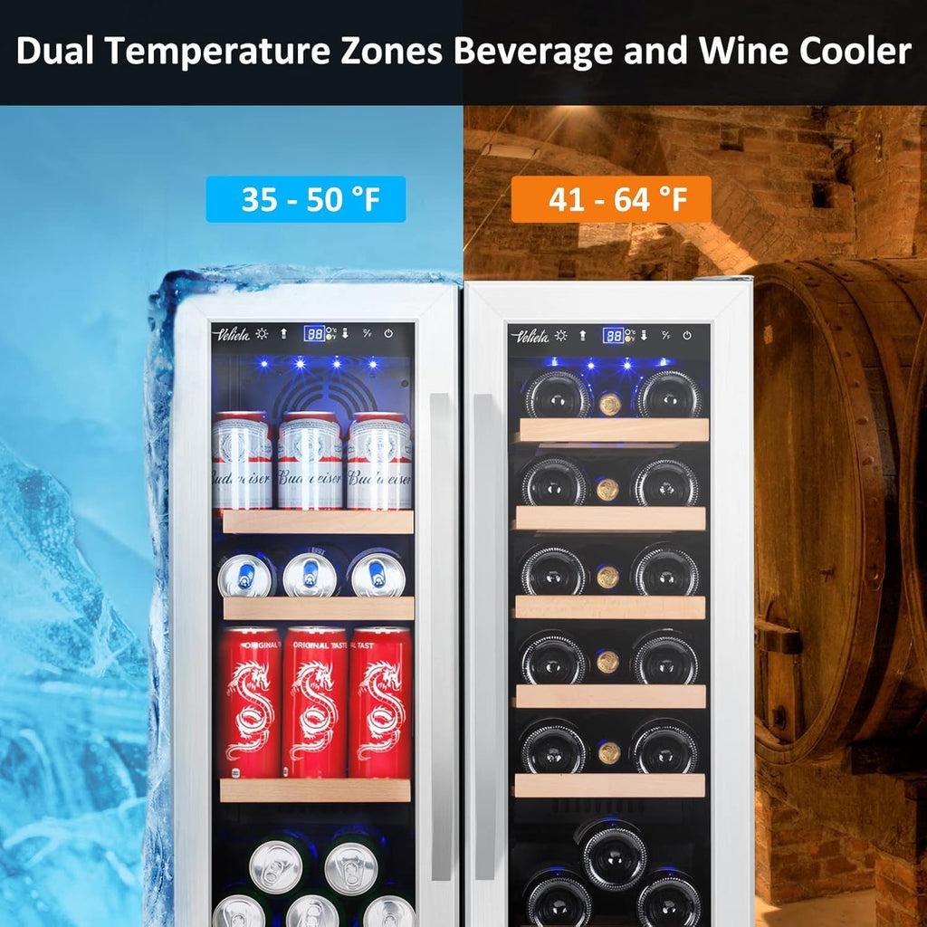 Wine and Beverage Refrigerator, 24 Inch Dual Zone Fridge with Glass Door, Built
