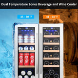 Wine and Beverage Refrigerator, 24 Inch Dual Zone Fridge with Glass Door, Built