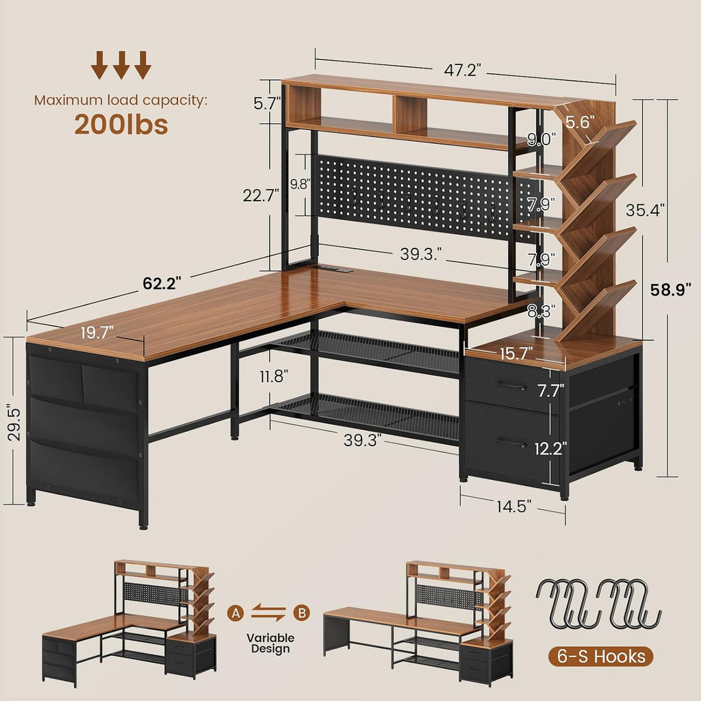 L Shaped Office Desk with Drawers and Hutch, Convertible 97.6" Double Computer Desk, Corner Gaming Desk with Storage