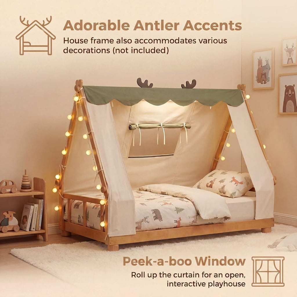 Twin Floor Bed for Kids, House Wood Bed Frame with Tent, Window, Fence Guard Rails, & Wooden Slat Support, No Box