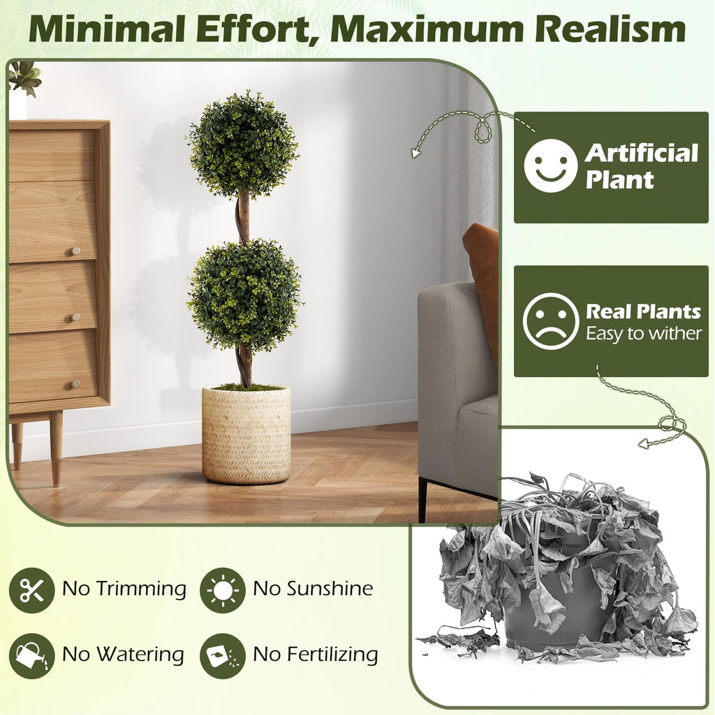 3 FT Artificial Boxwood Topiary Trees, Set of 2 Faux Outdoor Topiary Ball Tree with Cement-Filled Pot, Fake Greenery