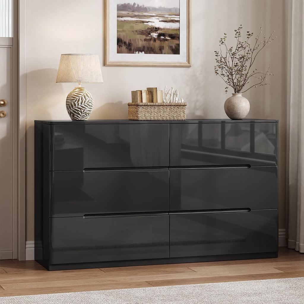 High Gloss Dresser, 47.2" Wide 6 Drawer Dresser, Black