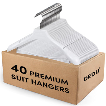 Suit Hangers for Men 40 Pack, White Coat Hangers Extra Wide Non Slip Width 17.7", Thick Plastic with Pants Bar &