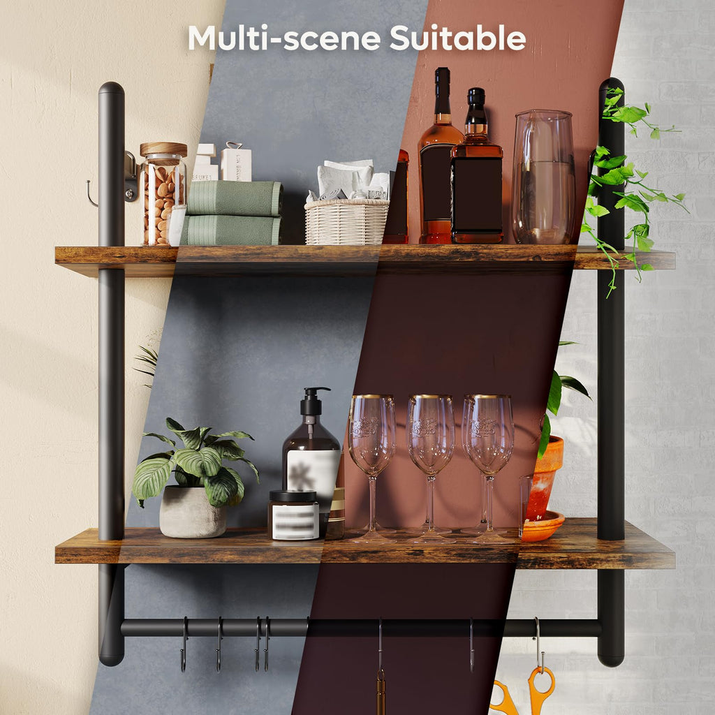 24" 2 Tier Industrial Pipe Wall Shelf with 8 Hooks, Rustic Brown