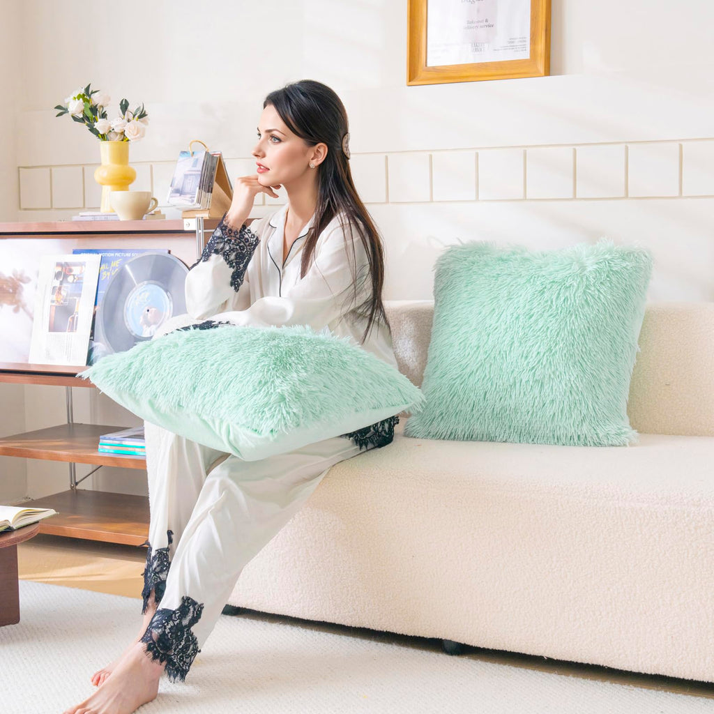 Faux Fur Mint Green Throw Pillow Covers, Fluffy Soft Fuzzy Decorative Pillow Cases Cute Pillowcases Bedroom Living