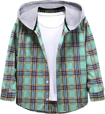 Kids Boys Girls Button Down Shirts Long Sleeve Lightweight Plaid Hooded Flannel Shirt Cute Tops