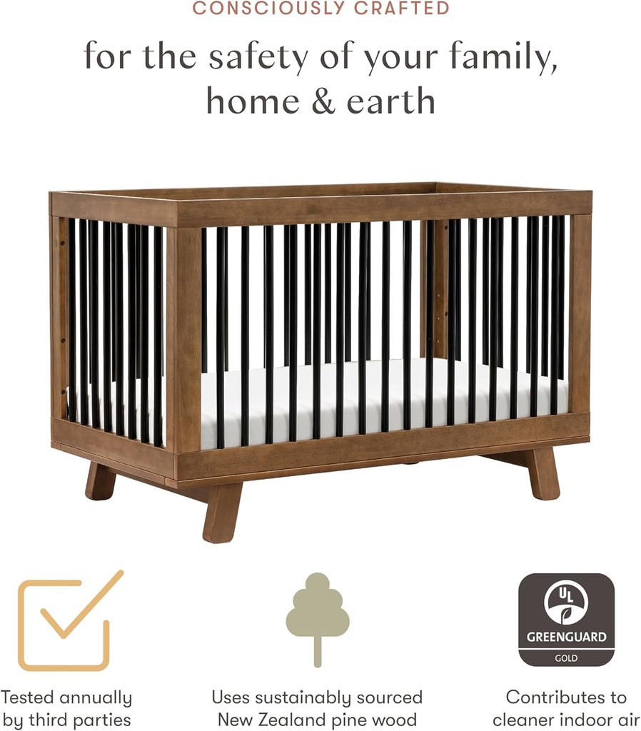 Hudson 3-in-1 Convertible Baby Crib, Natural Walnut/Black | Baby Crib Converts to Toddler Bed & Daybed - GREENGUARD