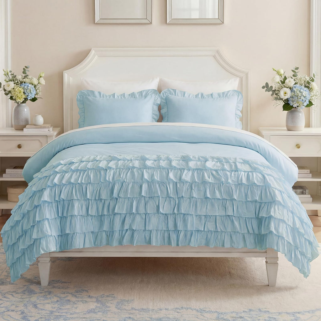 100% Cotton Duvet Cover Set Blue Ruffle Bedding Set Multi-Layers Ruffled Design Duvet Cover 3Pcs Soft Breathable