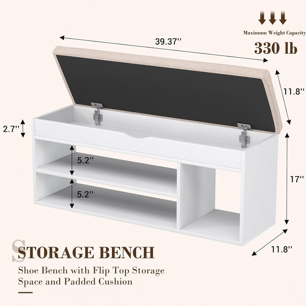 31 Inches Storage Bench with Padded Cushion, Shoe Bench with Storage Space, Upholstered Entryway Bench , 2-Tier Shoe