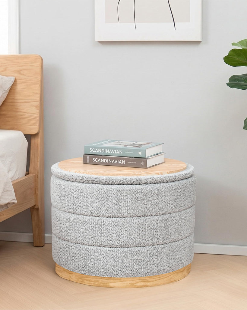 Folding Storage Ottoman, Silver Grey Chenille Round