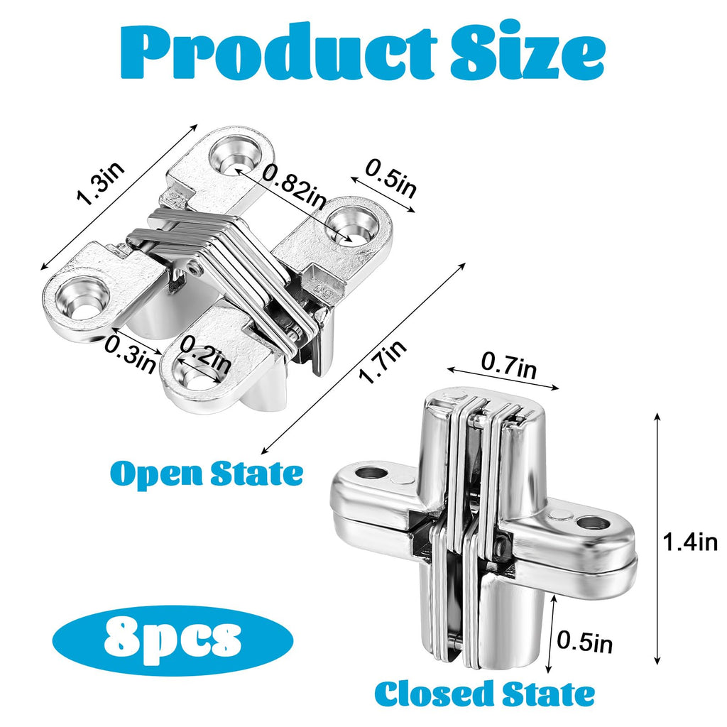 8 Pcs Hidden Hinges for Cabinet Doors, 1-3/4" Stainless Steel Hidden Hinges