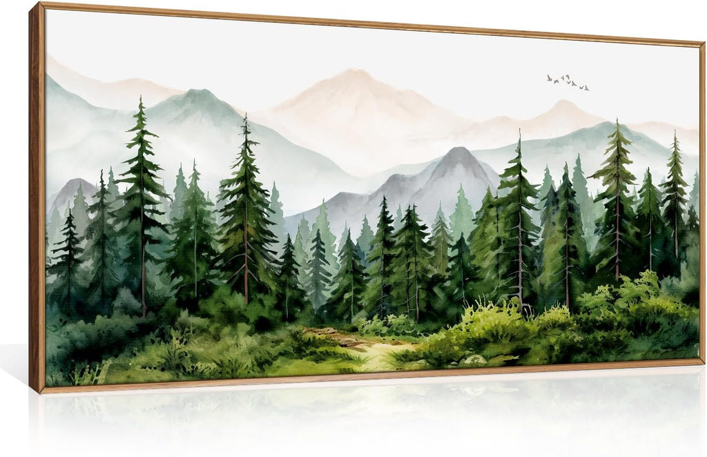 Green Forest Tree Mountain Range Framed Canvas Wall Art, Watercolor Nature Wall Decor, Woodland Nursery Wall