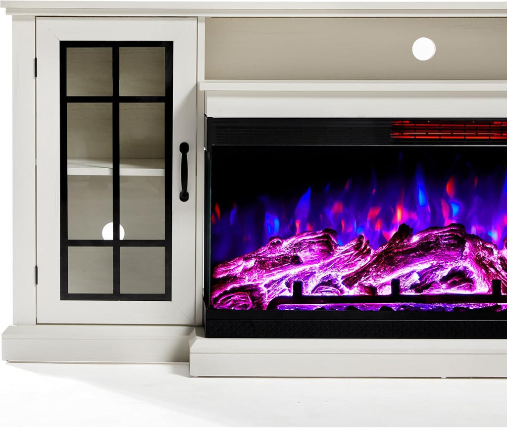 75in 3-Sided Glass Fireplace TV Stand for TVs up to 85", Rustic Fireplace Media Entertainment Center Console Table