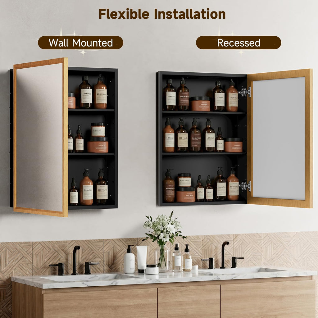 14" x 24" Gold Medicine Cabinets with Mirror, Aluminum Alloy Framed Mirror, Recessed or Surface Wall-Mounted Metal