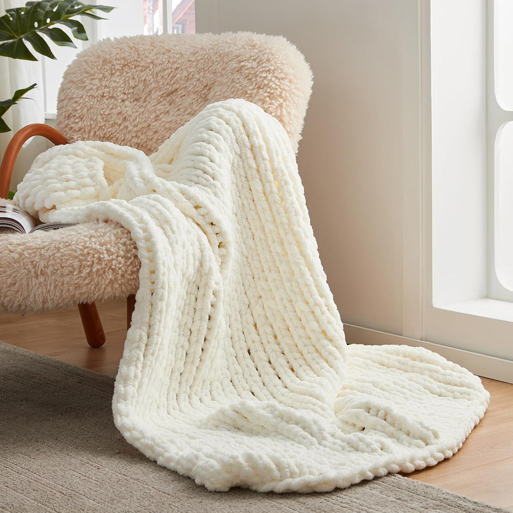 Chunky Knit Throw Blanket, Soft Chenille Handmade Crochet Throw Rope Knot Blanket, 50"x60", Ivory