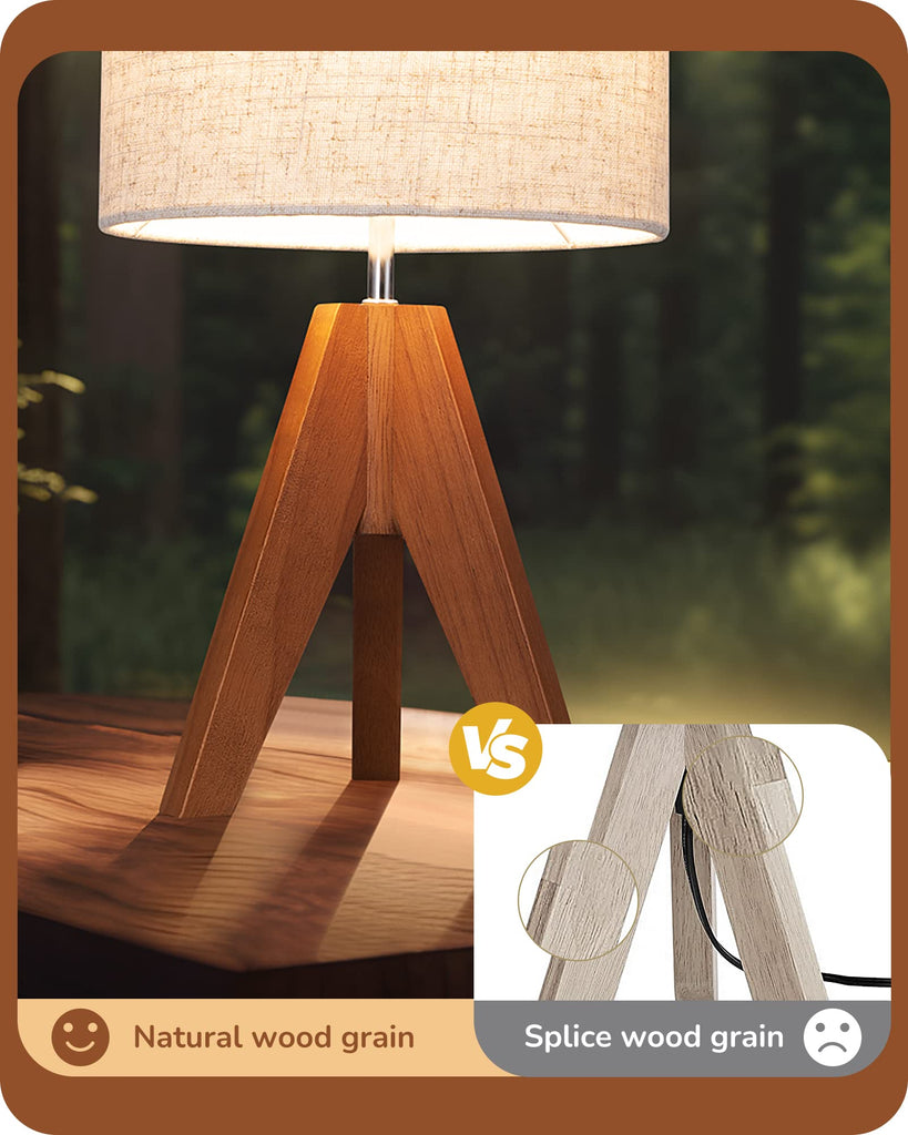 Small Table Lamp, Wooden Tripod Nightstand Lamp, 14.2", 2 Pack
