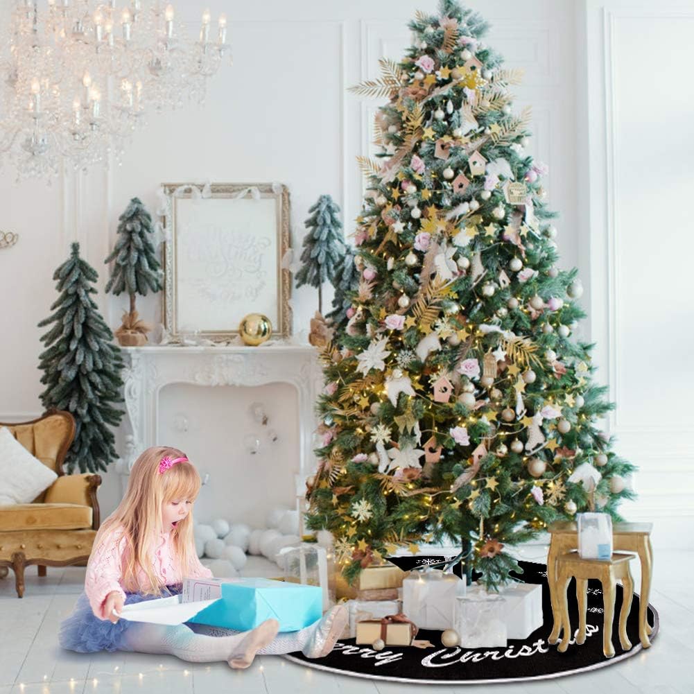 Burlap Christmas Tree Skirt, 30 Inch Black Tree Skirt with White Snowflakes and Merry Christmas Words, for Xmas