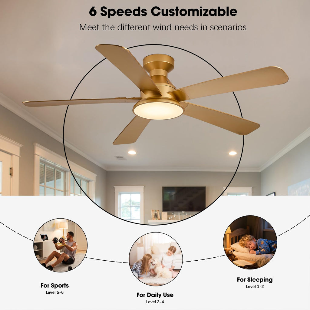 52" Low Profile Ceiling Fans with Lights Flush Mount, Luxury Gold