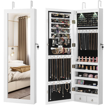 Mirror Jewelry Cabinet, Wall Door Mounted Jewelry Armoire with Full Length Mirror, Internal LED Lights & Drawers