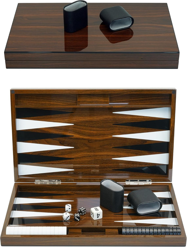 Deluxe Wood 18" Lacquered Backgammon Board Game Set with Premium Leather Dice Cups and Acrylic Game Chips