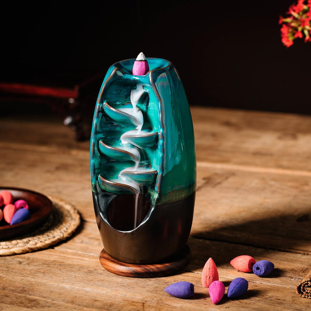 Ceramic Incense Burner with 100 Upgraded Cones, Waterfall Backflow Incense Holder, Aromatherapy Ornament, Zen Decor - Set of 121
