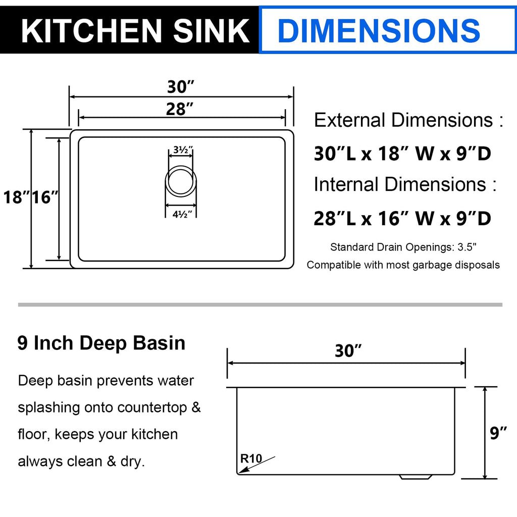30x18 Inch Black Undermount Kitchen Sink, Stainless Steel Single Bowl Gunmetal Black16 Gauge 9 Inch Deep Kitchen Sink