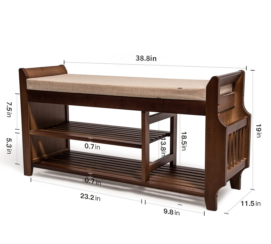 Shoe Rack Bench, Bamboo Removable Cushion Storage Shelf, 2-Tier Entryway Shoe Storage Organizer with Drawer and