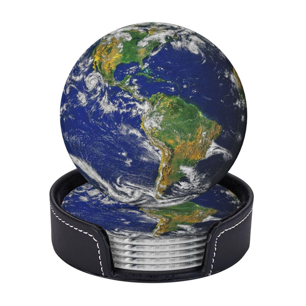 Planet Earth North And South America Map Coasters For Drinks Round Leather Coaster With Holder Set Of 6 For Tabletop