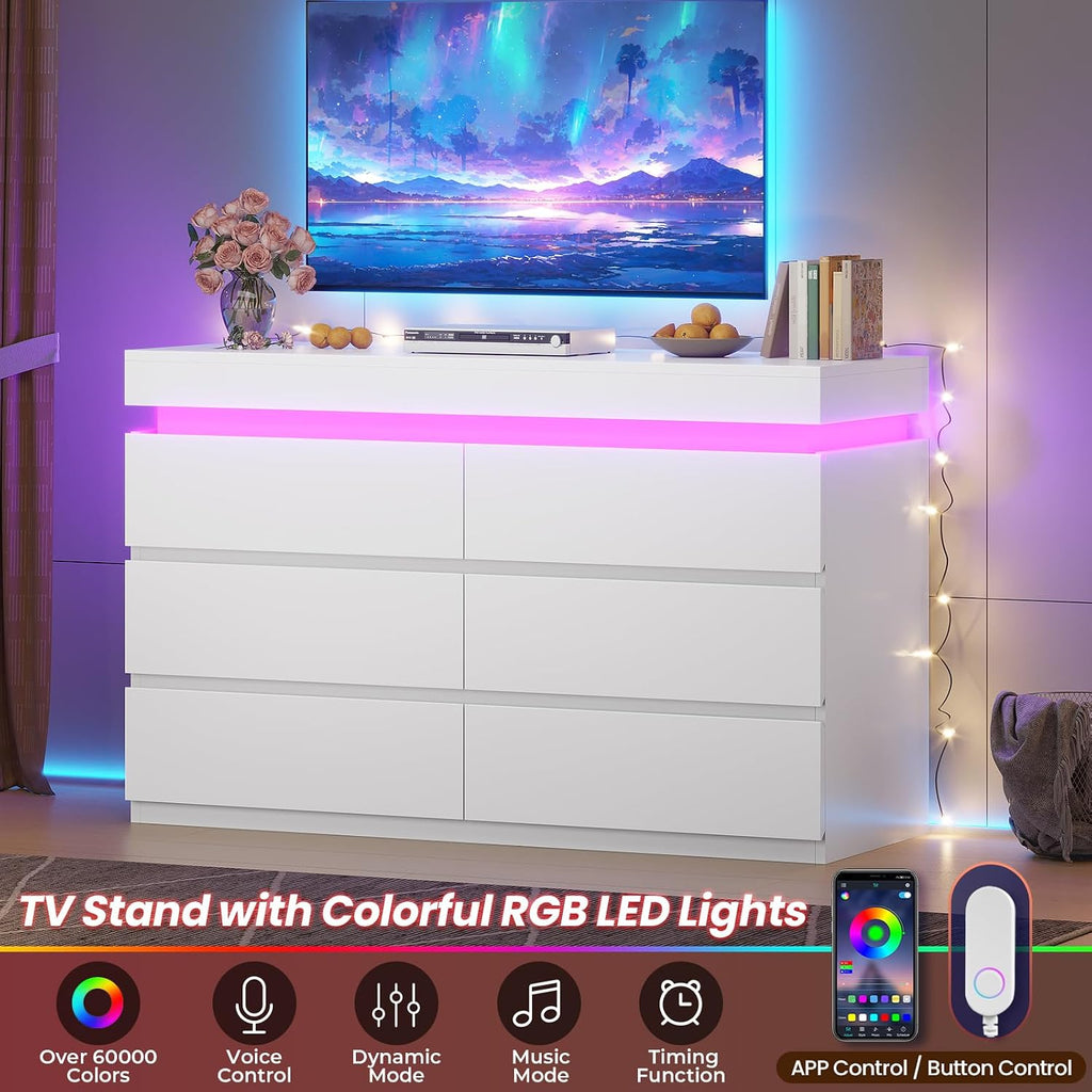 6 Drawer Dresser with LED Light, White Modern Chest of Drawers ,Closet Dressers with Drawers