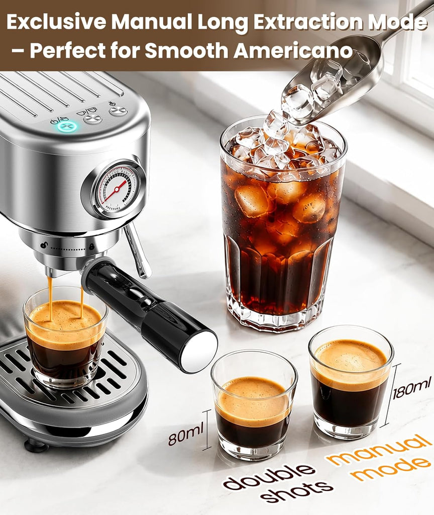 Espresso Machine with Milk Frother, 20 Bar Pressure Espresso Maker | with 44OZ Removable Tank, Compact Stainless