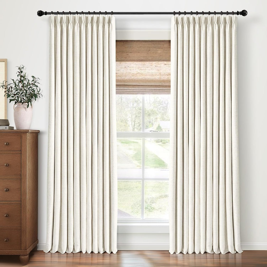 Natural Linen Pinch Pleated Curtains Blackout, 100% Black Out Curtains 96 inch Long, Blackout Thermal Insulated Pinch
