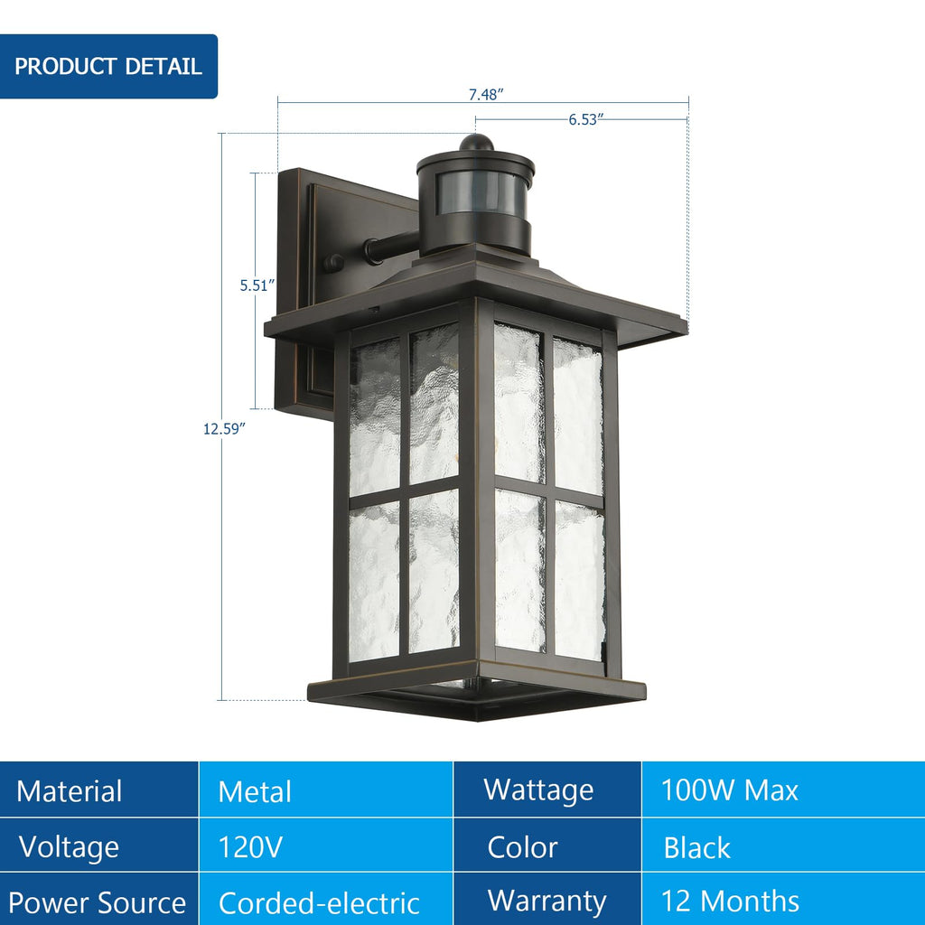 Motion Sensor Porch Light Black Dusk to Dawn Outdoor Wall Lantern