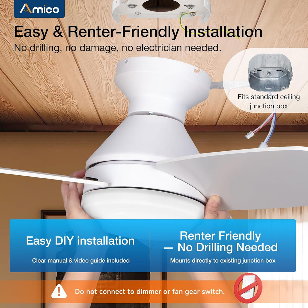 Ceiling Fans with Lights, 30 inch Low Profile Ceiling Fan with Light and Remote Control, Flush Mount, Reversible, 3CCT, Dimmable, Noiseless, White Ceiling Fan for Bedroom, Indoor/Outdoor Use A102-B0C61KD6TL