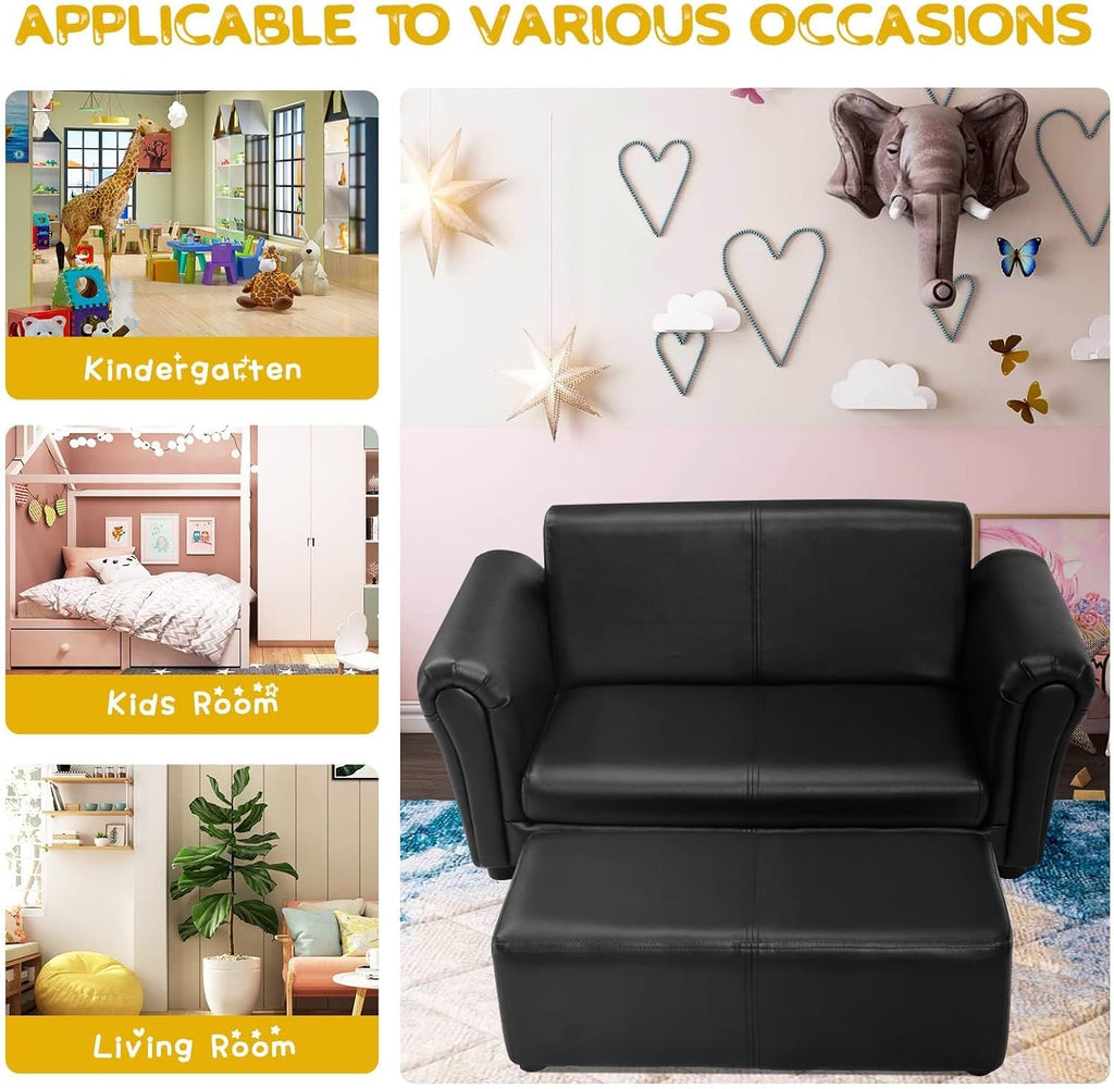 2 Seat Children Sofa with Footstool, Sturdy Wood Construction, Armrest Couch for Preschool Kids, Kid Couch Lounge Bed