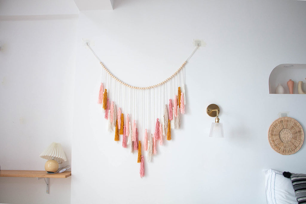 Macrame Wall Hanging - Large Macrame Wall Hanging with Wood Beads - Bohemian Wall Decor - Pink and Gold- 35'' x 36''