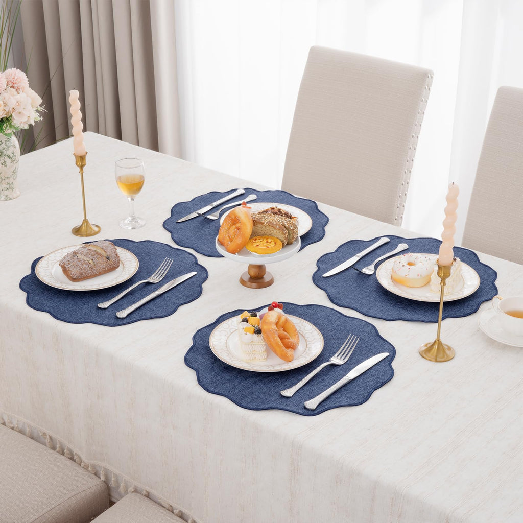 Navy Blue Round Scalloped Placemats Set of 4 Polyester Linen Blend